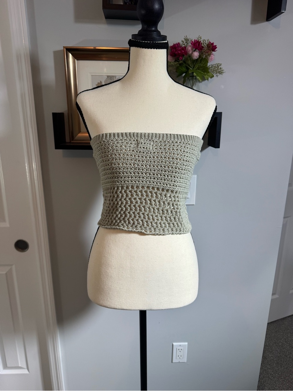 Cotton On Sage Green Strapless Crochet Crop Top